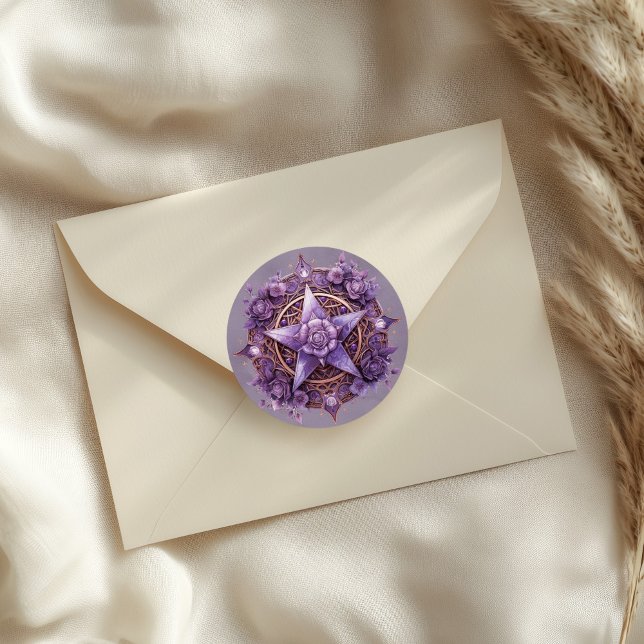 Adesivo Redondo Vinheta-pórtico-Rosa místico - Selo-púrpura (Mystic Rose Pentacle Sticker – Purple Witchy Seal on a neutral envelope)