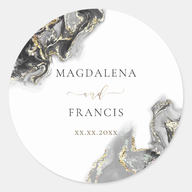 Adesivo Redondo vinheta prateada de tinta preta de ouro (Frente)