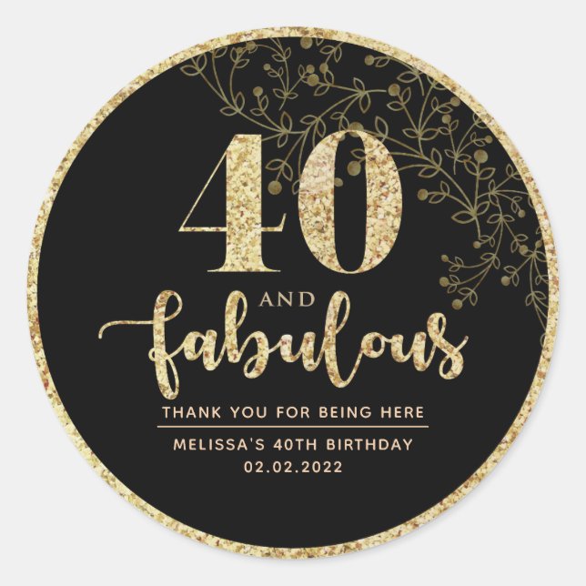 Adesivo Redondo Vinheta Preta e Dourada do Partido aniversário de  (Frente)