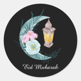 Adesivo Redondo Vinheta Preta Eid Mubarak Crescente Aquarela