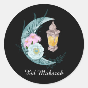 Adesivo Redondo Vinheta Preta Eid Mubarak Crescente Aquarela