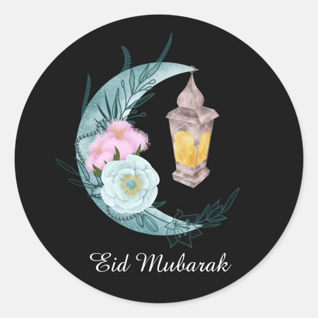 Adesivo Redondo Vinheta Preta Eid Mubarak Crescente Aquarela (Frente)