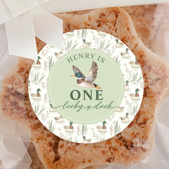 Adesivo Redondo Vinheta primeiro aniversario de Pato Sortudo Verde (Criador carregado)