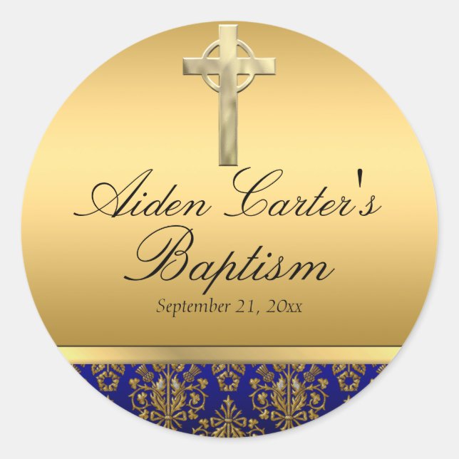 Adesivo Redondo Vinheta Real Azul Damasco e Batismo Cruz (Frente)