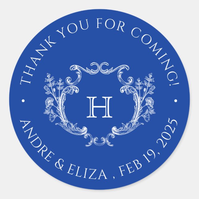 Adesivo Redondo Vinheta Real Blue Floral Monograma (Frente)