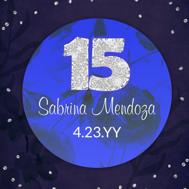 Adesivo Redondo Vinheta-redonda #15, Silver de Quinceanera Azul Sa (royal blue quinceanera sticker with silver, diamond number 15, mis quince anos, personalized label)