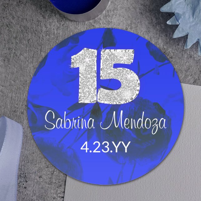 Adesivo Redondo Vinheta-redonda #15, Silver de Quinceanera Azul Sa (elegant royal blue and silver quinceanera stickers with name, script writing, glitter 15 15th, date)