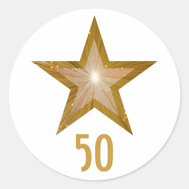 Adesivo Redondo Vinheta redonda "50", "Dourada", estrelada, branca (Frente)