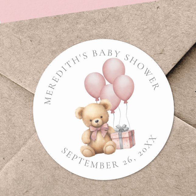 Adesivo Redondo Vinheta redonda clássica com Chá de fraldas de Urs (Pink Teddy Bear Baby Shower Classic Round Sticker )