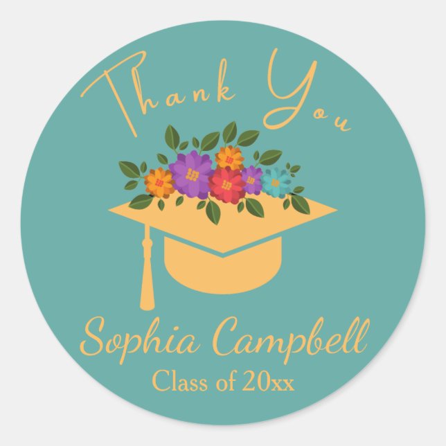 Adesivo Redondo Vinheta redonda clássica de graduação floral turqu (Frente)