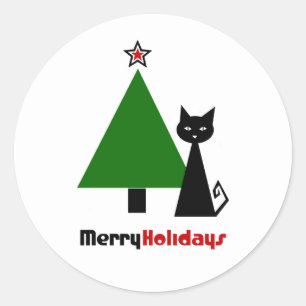 Adesivo Redondo Vinheta redonda clássica de Natal de Gato Preto