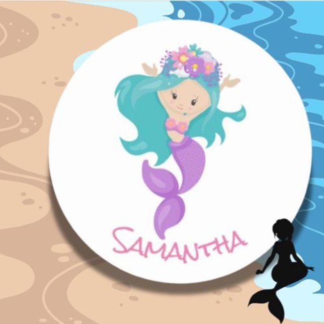Adesivo Redondo Vinheta redonda Clássica Roxo de Partido Sereia (Brighten your day with the Mermaid Pink Sea Friends Sticker )