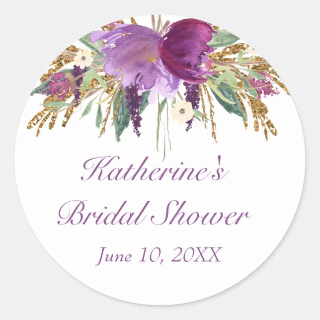 Adesivo Redondo Vinheta redonda com flores de aquarela púrpura e D (Frente)