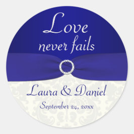 Adesivo Redondo Vinheta redonda de 1,5" com Damasco azul e marfim