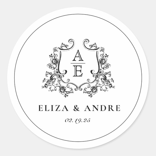 Adesivo Redondo Vinheta redonda de casamento do Monograma preto e  (Frente)