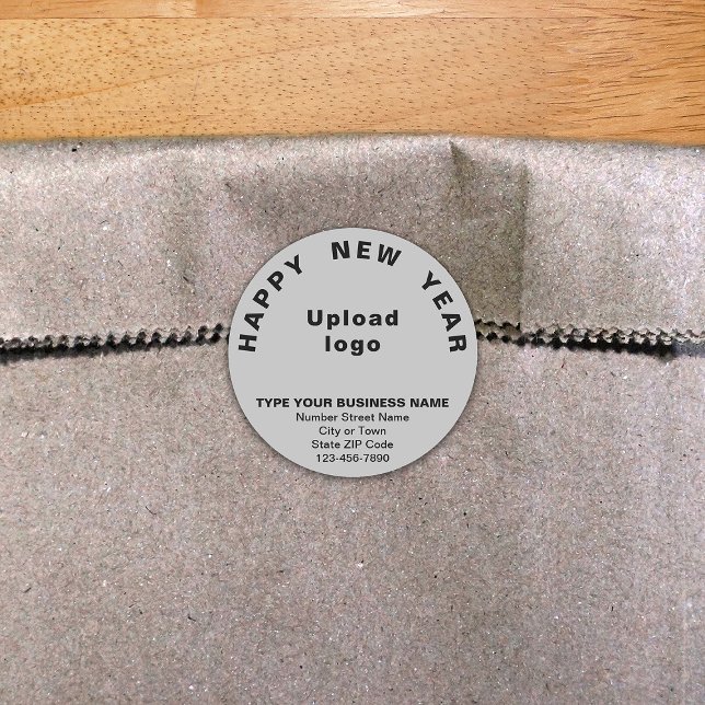 Adesivo Redondo Vinheta-redonda de Cinzas de Ano Novo para Empresa (New Year greeting with your business brand on gray round shape sticker.)