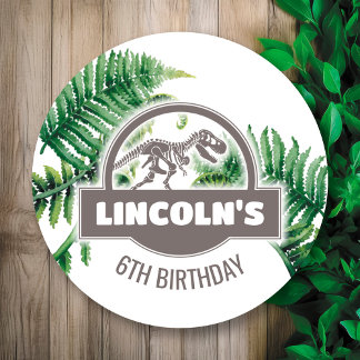 Adesivo Redondo Vinheta redonda de Festa de aniversário jurássica