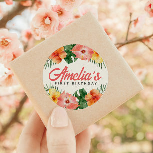 Adesivo Redondo Vinheta-redonda de Festas de aniversário tropicais