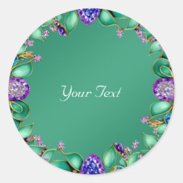 Adesivo Redondo Vinheta redonda de gemstone roxo, de folhas verdes