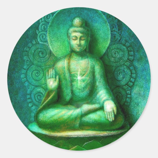 Adesivo Redondo Vinheta Redonda de Meditação Buda Verde Zen (Frente)