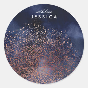 Adesivo Redondo Vinheta redonda de Natal Dourada Azul Personalizad