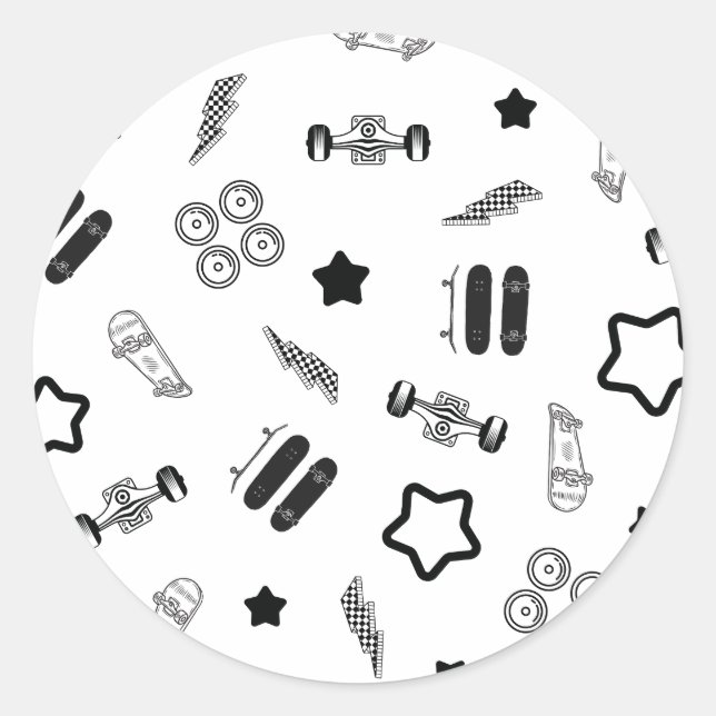 Adesivo Redondo Vinheta redonda de skate preto-e-branco (Frente)
