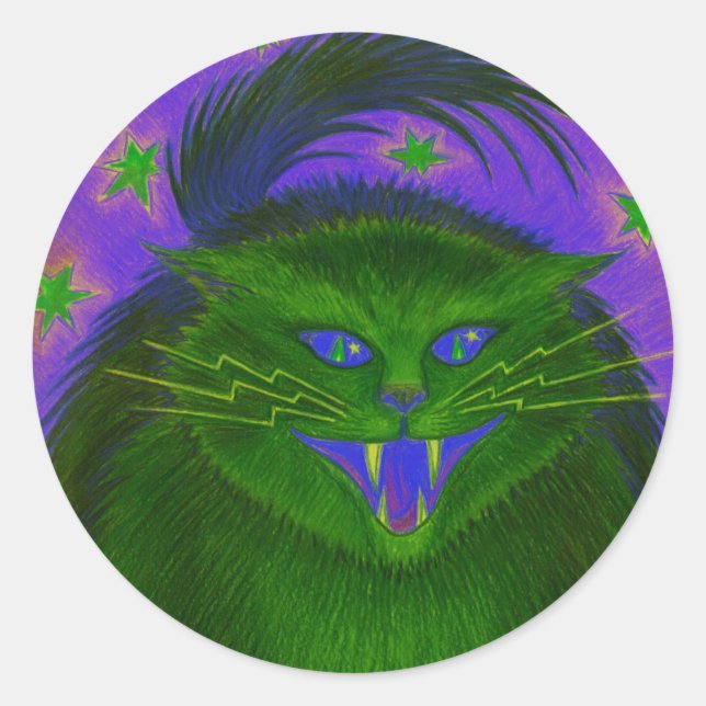 Adesivo Redondo Vinheta redonda verde de gato assustador (Frente)