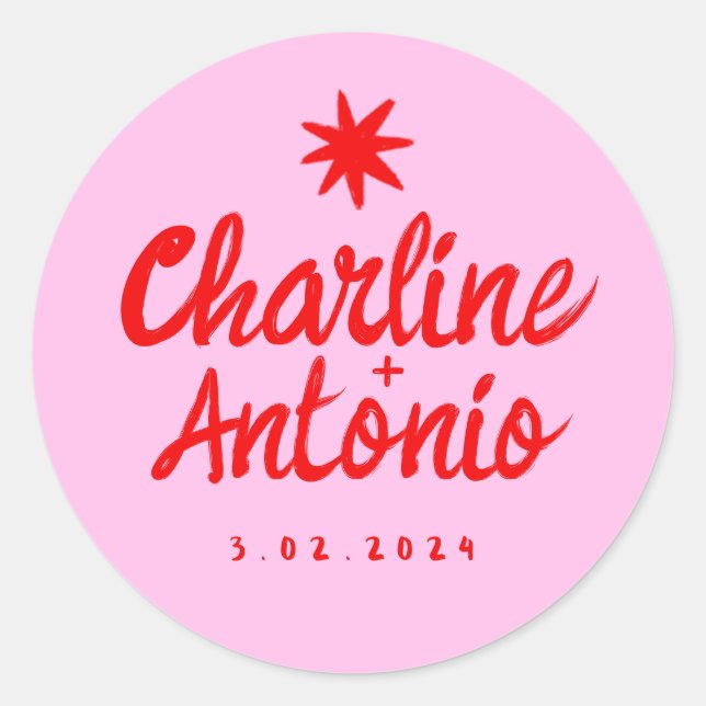 Adesivo Redondo Vinheta Retangular Retroativa de Casamento Rosa (Frente)