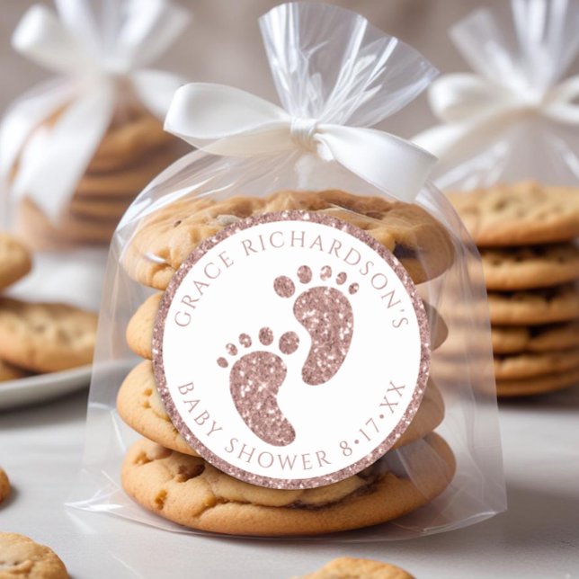 Adesivo Redondo Vinheta rosa Dourada do Chá de fraldas Glitter (Rose Gold Baby Feet Favor Sticker)