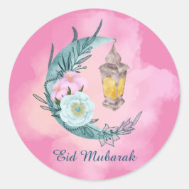 Adesivo Redondo Vinheta rosa Eid Mubarak Crescente Aquarela