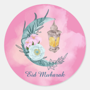 Adesivo Redondo Vinheta rosa Eid Mubarak Crescente Aquarela