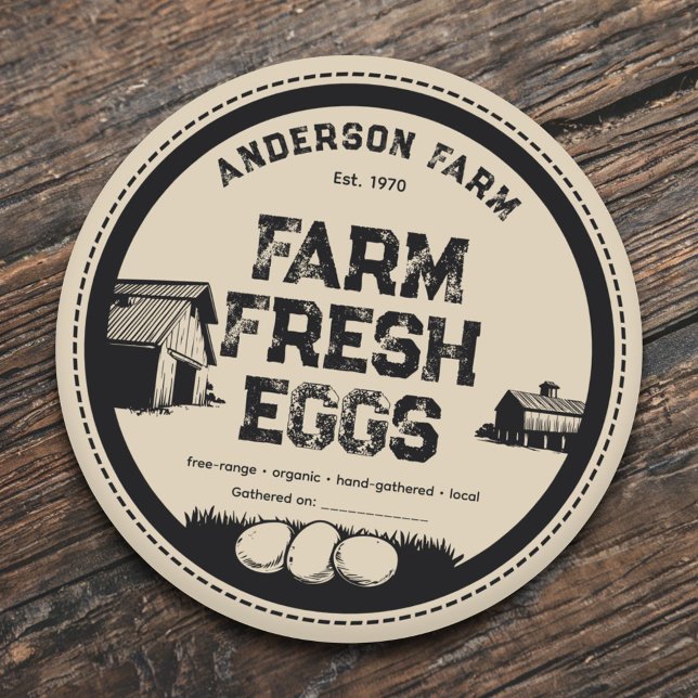 Adesivo Redondo Vinheta Rótulo de Ovos Frescos de Casca Farmada da (Rustic Farmhouse Barn Fresh Eggs Label Sticker)