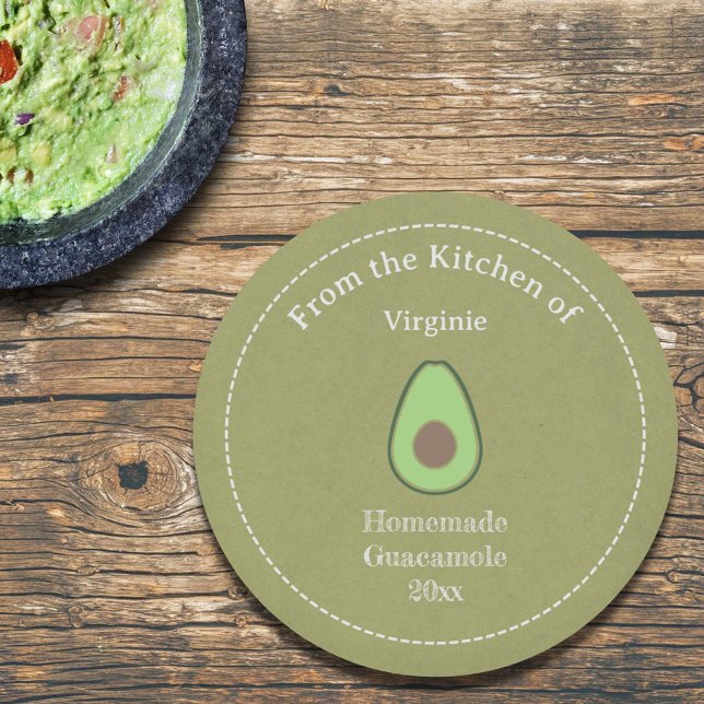 Adesivo Redondo Vinheta Rótulo Russo Avocado e Guacamole (Rustic Avocado & Guacamole Label Sticker)