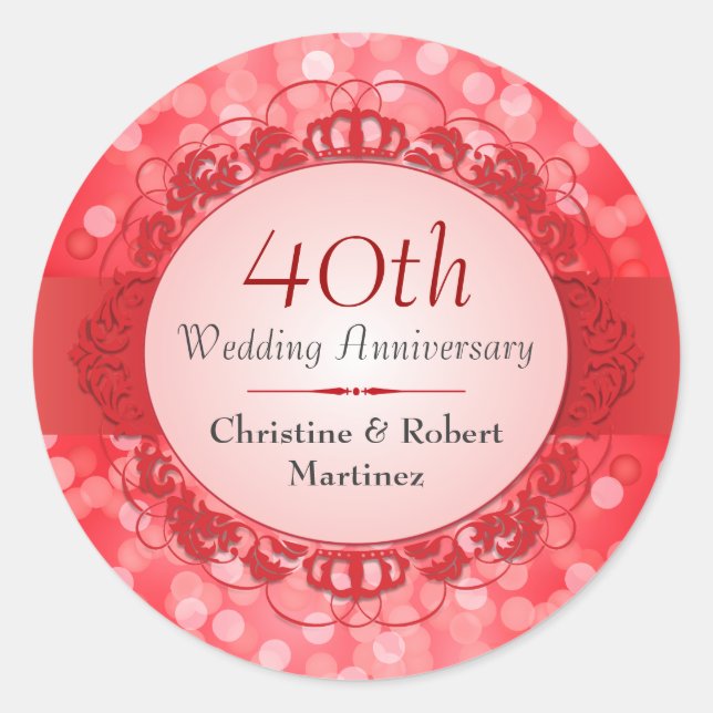 Adesivo Redondo Vinheta Ruby Red Bokeh 40º Aniversário (Frente)