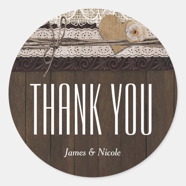 Adesivo Redondo Vinheta Rústica de Burlap Lace & Wood Favker (Frente)