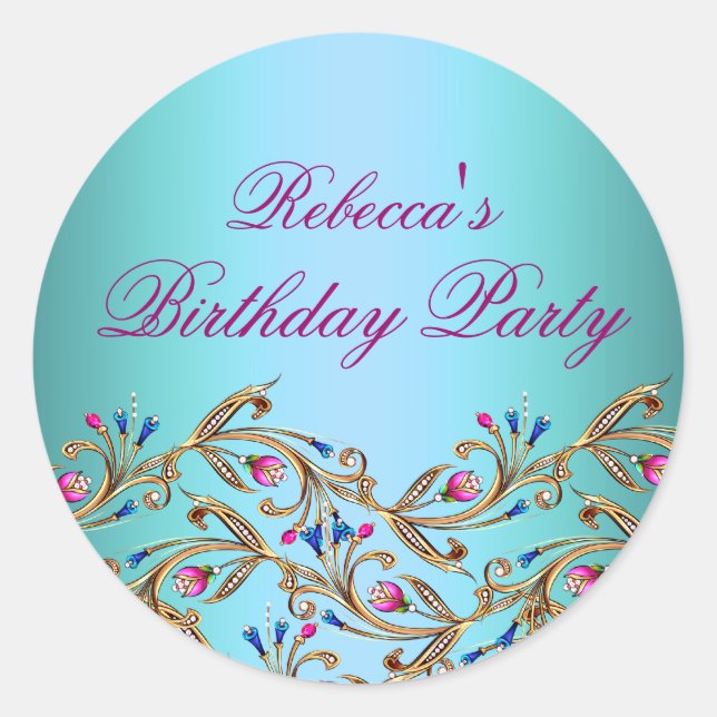 Adesivo Redondo Vinheta/selo azul de envelope floral (Frente)