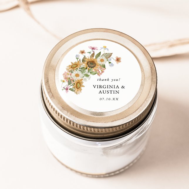 Adesivo Redondo Vinheta Sunflower Elegante (Elegant Sunflower Wildflower Round Thank You Sticker by Painted Paperie
)