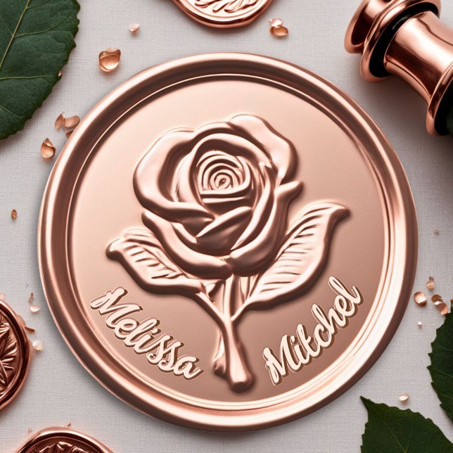 Adesivo Redondo Vinheta-Vedante de Flor de Cera Negra Dourada com  (Luxury Rose Gold Wax Flower Wedding Envelope Seal 1)