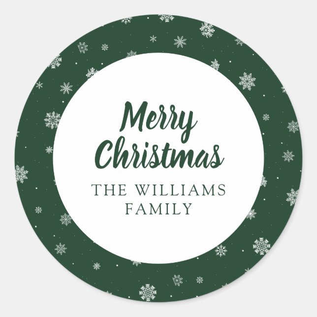Adesivo Redondo Vinheta verde de Natal em Flocos de Neve (Frente)