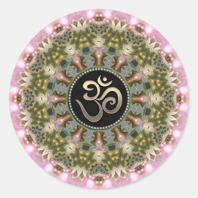 Adesivo Redondo Vinheta Verde Rosa Om Mandala (Frente)