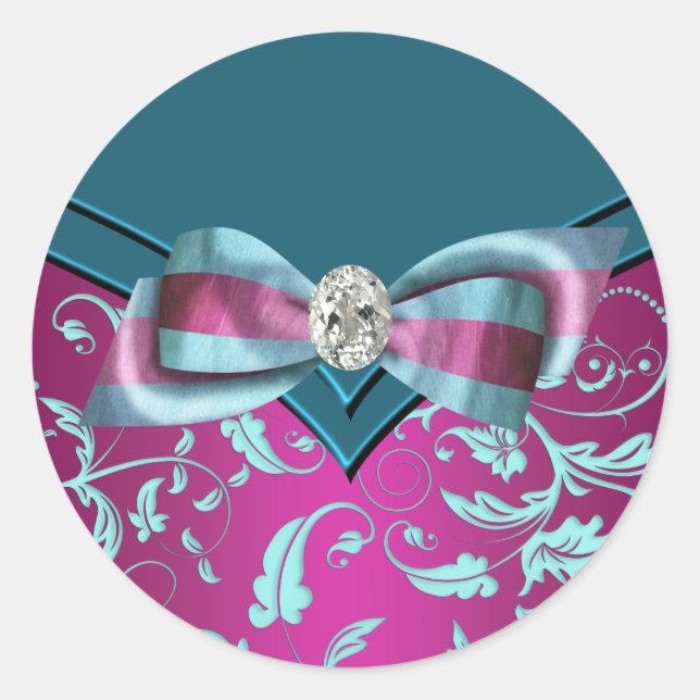 Adesivo Redondo Vinhetas Azuis-de-Rosa-Quente da Fuchsia (Frente)