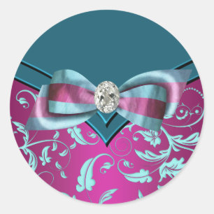 Adesivo Redondo Vinhetas Azuis-de-Rosa-Quente da Fuchsia