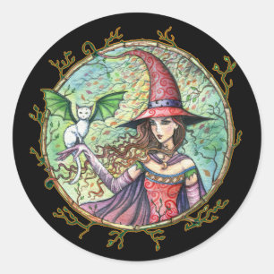 Adesivo Redondo Vinhetas Brancas de Bruxas do Halloween