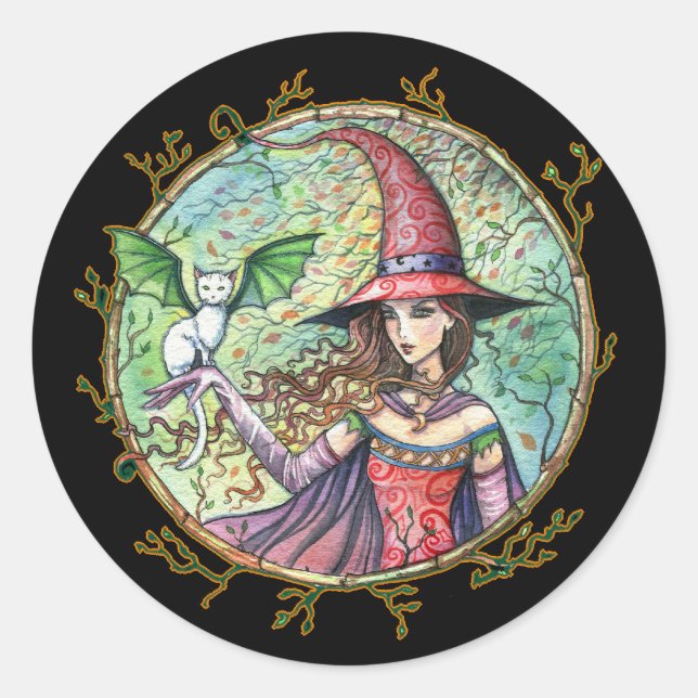 Adesivo Redondo Vinhetas Brancas de Bruxas do Halloween (Frente)