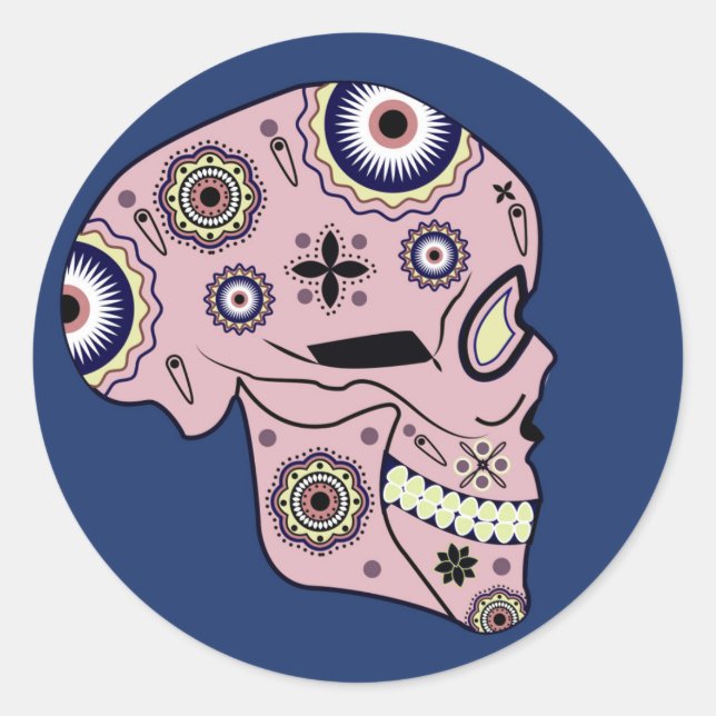 Adesivo Redondo vinhetas cor-de-rosa do perfil do crânio (Frente)