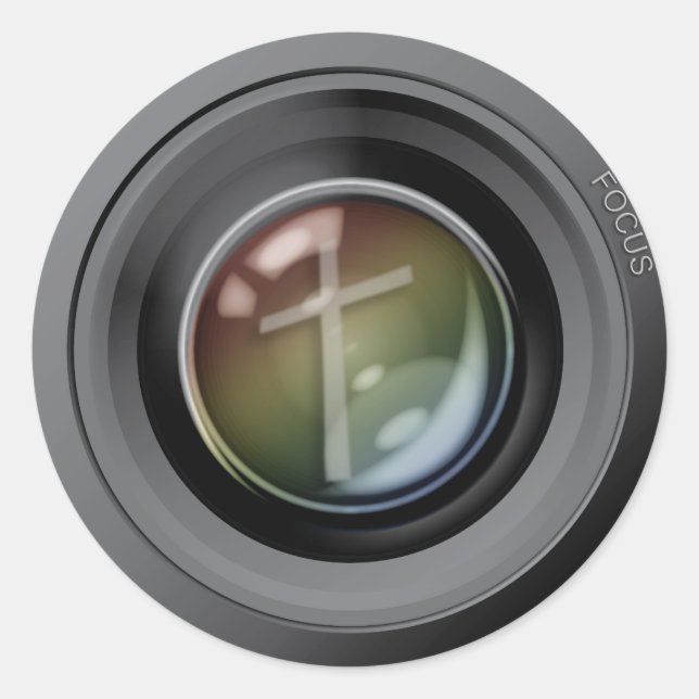 Adesivo Redondo Vinhetas da câmera. Foco em Jesus. (Frente)