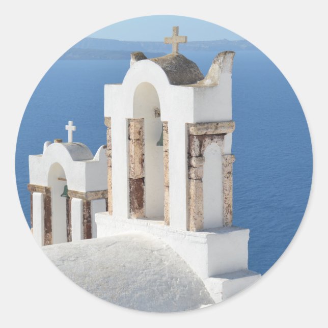 Adesivo Redondo Vinhetas da Igreja Grega (Santorini) (Frente)