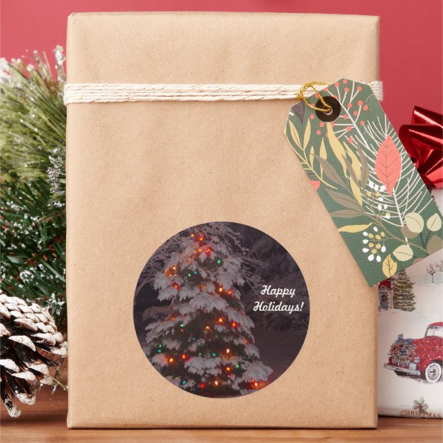 Adesivo Redondo Vinhetas das árvores de feriados felizes (Feriado)