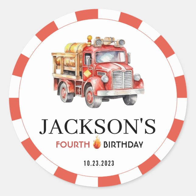 Adesivo Redondo Vinhetas de aniversário de bombeiros vermelhos (Frente)