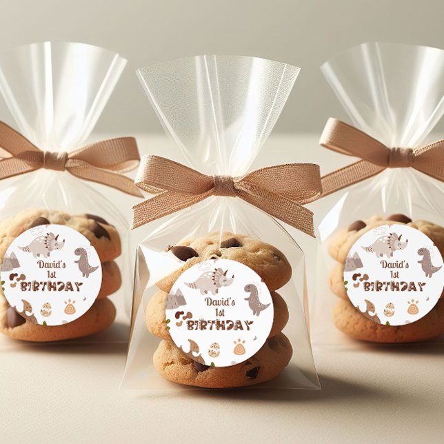 Adesivo Redondo Vinhetas de aniversário de dinossauro neutro e bon (Criador carregado)